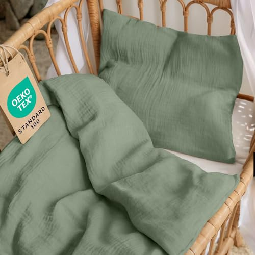 Dreamzie - Baby & Kinderbettwäsche Set 80x80 cm + Kissenbezug 35x40 cm | Musselin Bettwäsche aus 100% Baumwolle · Oeko-TEX Zertifiziert · atmungsaktiv & hautfreundlich · Grün