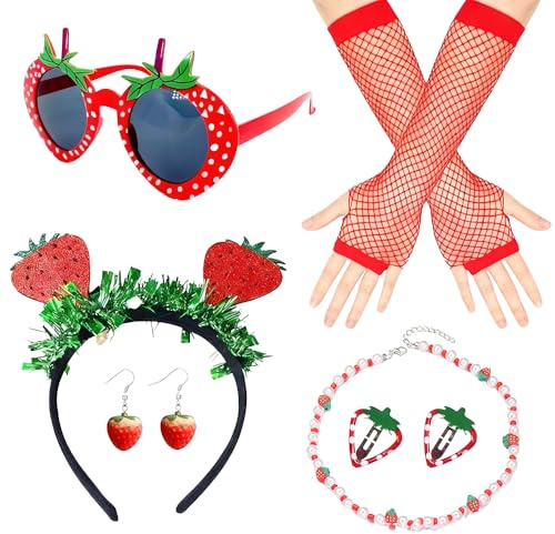 Disfraz De Fresa para Mujer, Conjunto De 6 Piezas, Diadema, Gafas, Pendientes, Collar, Pinza para El Pelo, Guantes De Rejilla, Disfraz De Fresa para Mujer, Accesorios para Halloween y Carnaval