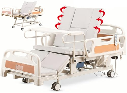 Pflegebett Elektrisch Verstellbar 5-Funktionen mit Seitenneigung, Krankenhausbett mit Matratze, 250 kg Tragfähigkeit, 13cm Feststellrollen, Höhenverstellbar von 46–74 cm Pflegebett für Heimkrankenhaus