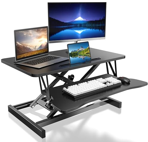 Ståsäte skrivbord ståarbetsplats ståbord ergonomisk justerbar höjd, arbetsplats för två bildskärmar och bärbara datorer med stor tangentbordshylla, ståsitsfäste för kontor (80 cm)