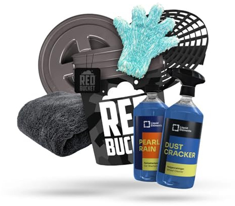 REDBUCKET Autowäsche Set 8-tlg., Wascheimer 20L, Tactical Camo, Autoshampoo | inkl. Pro Glove Waschhandschuh, Felgenreiniger, Trockentuch & Lufterfrischer, Autopflege Set