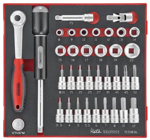 Teng Tools TED3836 Steckschlüsselsatz, 3/8-Zoll-Antrieb, 6-Punkt, metrisch, regulär/flach und Bit, Schaumstoff-Steckschlüsselsatz, 36-teilig