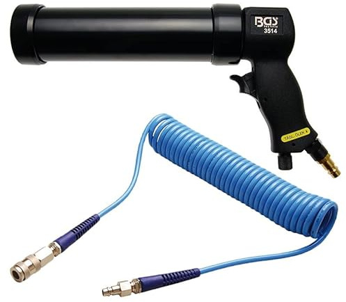 BGS Druckluftkartuschenpresse Silikonpistole Fettpresse Druckluftpistole Kartuschenpistole für 310 ml Kartuschen + Druckluft Spiralschlauch Druckluftschlauch Luftschlauch Pressluftschlauch 6 Meter Dru