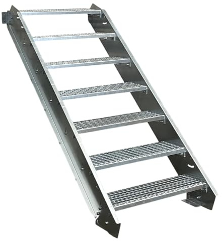 7 Stufen Stahltreppe Breite 90cm Geschosshöhe 100-140cm / Robuste Außentreppe/Wangentreppe/Stabile Industrietreppe für den Außenbereich/Inklusive Zubehör
