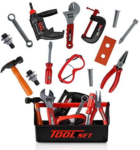 Playkidiz Kinder-Werkzeugkasten – 22-teiliges Bauset für Jungen und Mädchen mit Tragetasche, elektrischer Bohrmaschine mit Druckknopf, Hammer, Schraubenschlüssel, Zange – Werkzeugset für Kinder