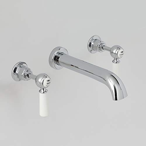 Milano Elizabeth Wall Mounted 3 Tap-Hole Basin Mixer Tap Lever Handle - Chrome White