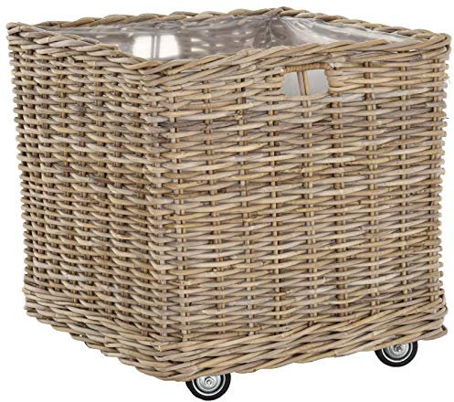 Pflanzkorb eckig groß Rattan XXL Pflanzkübel Blumentopf mit Rollen Rollkorb Rattankorb Grau Natur