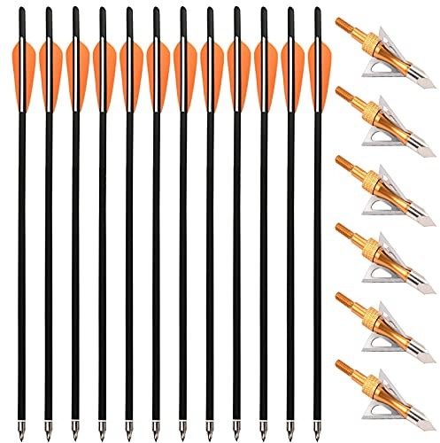 PMSM 12 pièces Flèches d'arbalète en Carbone 20 Pouces Boulons d'arbalète et 6pcs Pointes de Flèche de Chasse,Arbalète Flèches de Carbone pour Pratique de la Chasse et du Tir à l'arc(Orange et Or)
