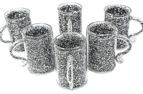 Silver Diamond Crystal Filled Glass Mug Turkish Coffee Tea Cup Set of 6 with Silver Trimmings | Sparkle Ornament Bling Gift | Diamond Display