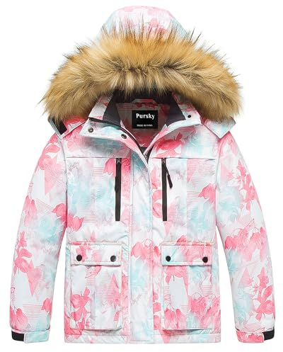 Pursky Ski Coats for Girls Skiing Jacket Insulated Hood Snowsuit Pink Floral 4/5
