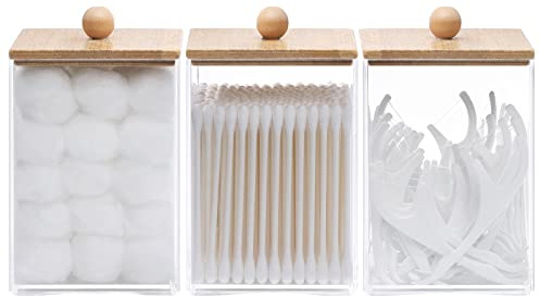 Tbestmax 3 Pack Square Qtip Holder - 12 oz Bathroom Organizers and Storage Containers, Plastic Apothecary Jars with Bamboo Lids for Cotton Ball, Cotton Swab, Floss