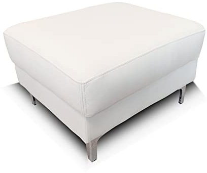 Quattro Meble Hocker aus weißem Echtleder Sitzhocker Rindsleder Sitzwürfel Fußhocker Polsterhocker Echt Leder Puff Modell KANTE mit trapezförmigen Edelstahl-Chromfüßen (75 x 55 x H-40 cm)