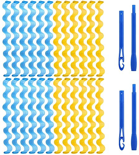 24 Stück Locken Ohne Hitze, Spiral Lockenwickler Set, Heatless Curling Rod mit 4 Styling-Haken, Blaue, Rosa, Gelbe Wärmelose Lockenwickler, Keine Hitze Magic Hair Curler für Die Meisten Frisuren