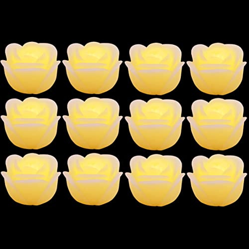 Flameless LED Floating Candles - 2.5 Wax Rose with Flickering LED Battery Works 100+ Hours Waterproof Tealights for Cyliner Vases, Centerpieces at Weddings, Party, Pool, Holiday (12PACK, Warm White)