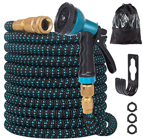 Expandable Garden Hose 100ft - Expanding Water Hose with 10 Function Nozzle, 4 Layer Latex and 3/4'' Solid Brass Fitting, Easy Storage Garden Water Hose