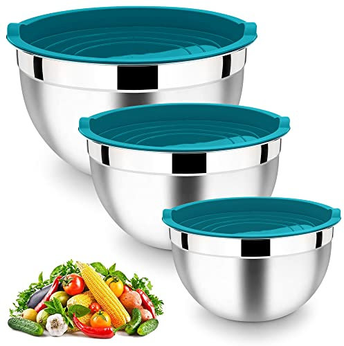 HaWare Rührschüssel, Edelstahl Schüssel Salatschüssel 3er Set mit Luftdichtem Deckel, Perfekt für Backen/Kochen/Zubereitung, Stapelbar & Spülmaschinenfest, 4.5L / 2.7L / 1.5L - Blau