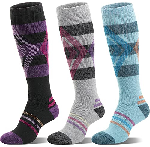 Welwoos Merino Wool Ski Socks for Womens Mens Thermal Winter Warm Thick Knee High Gift Sock Stocking Stuffers for Skiing Outdoor Sports Snowboarding 3 Pairs (Blue/Black/Grey A,L)