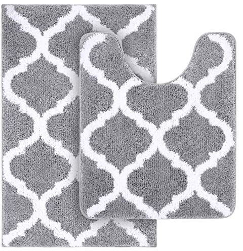 OLANLY Bathroom Rugs Set 2 Piece, Microfiber Bath Shower Mat and U-Shaped Toilet Rug, Machine Wash Dry, Non-Slip Absorbent Shaggy Bath Mats for Tub, Shower and Bathroom (24x16+24x20, Grey)