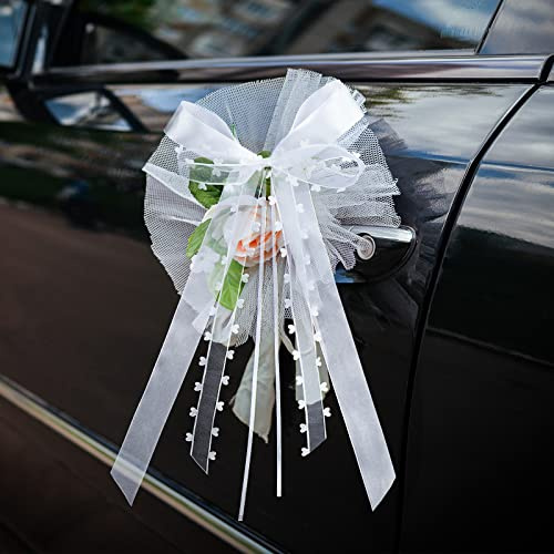 FHzytg 50 Stück Übergroße Autoschleifen Hochzeit Schleifen Hochzeit Deko Vintage Antennenschleifen, Weiß Mit Herzen Schleifen Hochzeit Auto Handgemacht Satinband für Hochzeits (33 * 16cm)
