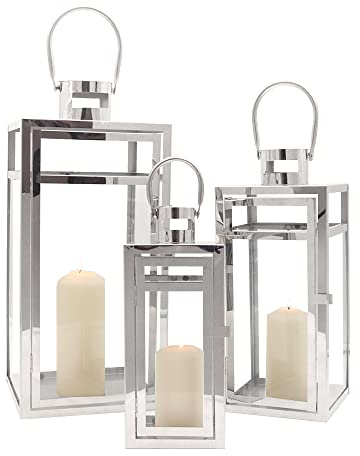 TRIROCKS Set of 3 Stainless Steel Decorative Lantern 48cm&38cm&30cm High Metal Hanging Holder with Clear Glass Panels Perfect for Home Decor Living Room Indoor Tabletop Outdoor (Silver)