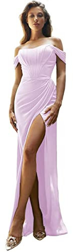 Robe de bal à épaules dénudées pour femme - Longue robe de soirée formelle en satin de soie avec fente HYY013, lilas, 42
