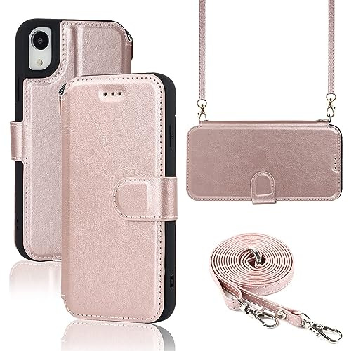 ELTEKER Hülle für iPhone X/XS Handyhülle mit Band Crossbody Strap, Klapphülle mit dem Verstellbaren Umhängeband - Rosa