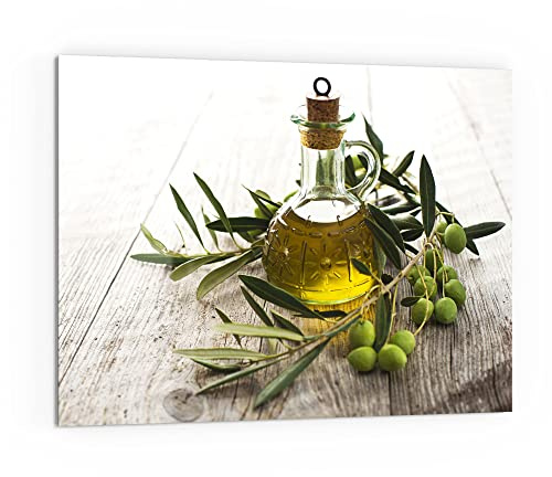 DEQORI Küchenrückwand Glas | Motiv Olivenöl mit Olivenzweig | 80x60 cm | Bad- oder Herd-Rückwand | Herdblende Spritzschutz für Küche & Badezimmer | moderne Deko für Fliesenspiegel
