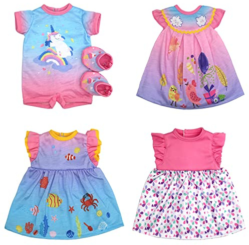Doll Clothes Dress for 12-16 Inch 30-40cm Baby Dolls, 4-pack Soft Outfits with Socks (Not Include Doll)