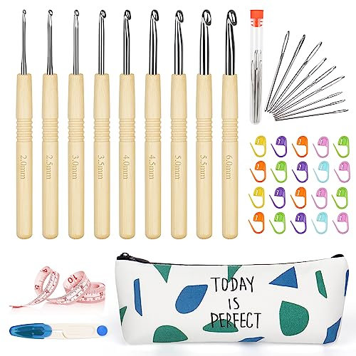 Coopay Juego de agujas de ganchillo con accesorios de ganchillo, 9 unidades, antideslizantes, con mango de bambú y cabeza de gancho lisa, 2,0 mm – 6,0 mm, mango de madera ligera ganchillo