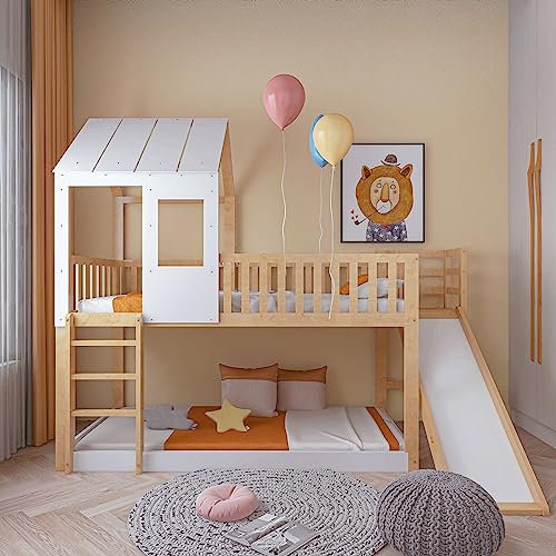 MYBOO Etagenbett mit rechtwinkliger Leiter und Rutsche, Hausbett mit Dach und Fenster, Kinderbett mit Fallschutz und Gitter, Rahmen aus Kiefer, Natur+Weiß (90x200cm)