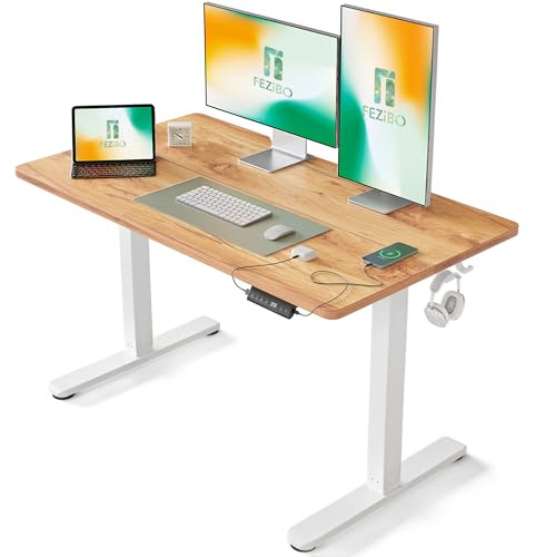 FEZIBO Schreibtisch Höhenverstellbar Elektrisch mit USB-A und USB-C-Ladeanschlüssen,120 x 60 cm,Steh-Sitz-Schreibtisch,Standing Desk,Hellbraune Tischplatte