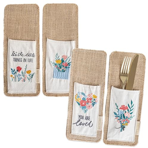 Papierdrachen 4er Set Bestecktaschen aus Jute mit Blumenstickerei und Inspirierenden Botschaften, 10cm x 26,5cm - Nachhaltig & Stilvoll - Frühlingsdekoration Set 1