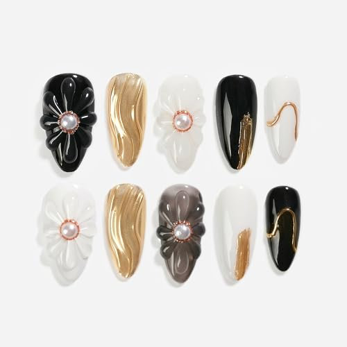 Sun&Beam Nails Handgefertigte Kunstnägel Lang Mandel Nägel zum Aufkleben in Schwarz Weiß Gold 3D Perlen Ombre Design mit Klebepads 10 Stück (#130 L)