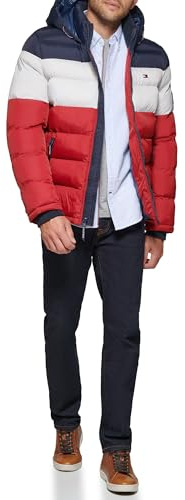 Tommy Hilfiger Men's Hooded Puffer Jacket, Midnight/Ice/Red, 3XL