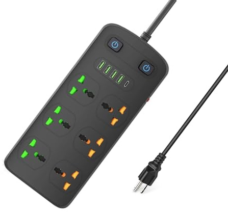 Universal Power Strip with USB and Type C Port, Surge Protector with 6 Universal Oulets and 4 USB, 110-250V, 6.5ft Extension Lead 2500W for European Travel, Home Office Black