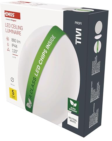 EMOS LED Deckenleuchte ACLASS 5,2W, wasserdichte IP44 Aufbauleuchte für Innen, sparsame Wandleuchte in Weiß, rund 25 cm, Helligkeit 880 lm, ersetzt 60W Glühbirne, Neutralweiß 4000K