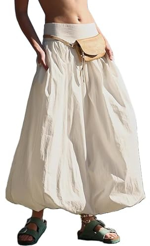 Acrawnni Women Y2k Bubble Maxi Skirt Low Elastic Waist Ruffle Pleated A-line Long Skirts Summer Beach Loose Fit Cute Puffball Balloon Skirt (A-Ivory, M)