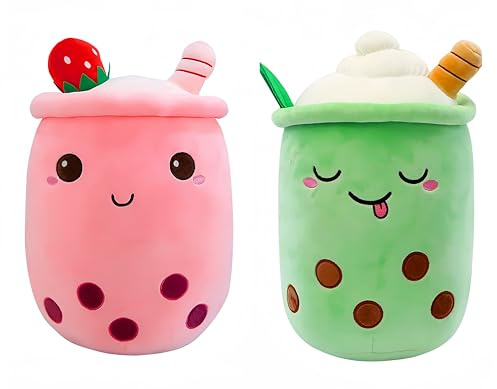 FSRONGXI Niedliches Plüsch, gefüllt, Bubble Tea, niedliches Plüschkissen, Kawaii, Mini-Eiscreme, Cupcake-Spielzeug für Kinder, Mädchen und Jungen (Rosa und Grün), 2 Stück