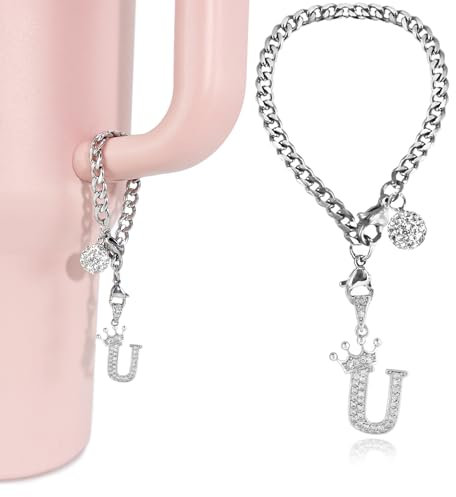 LUHOHI Silberner Buchstaben-Anhänger für Stanley-Cup, Kronenbuchstaben-Charm-Zubehör für Stanley-Griff, 1,2 l, Trinkflasche, Becher, Initialen-Schlüsselanhänger mit Diamant-Glitzer-Schmuck,