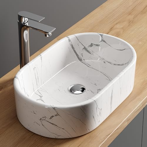 Planetmöbel Aquil Elegant Waschbecken Oval, Aufsatzwaschbecken | Badezimmer und Gäste-WC, Handwaschbecken ohne Hahnloch und Überlauf, Marmor Weiß, 55 x 34 x 14 cm