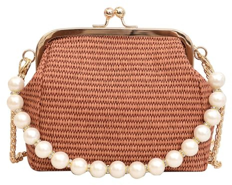 TOFBS Crossbody Tasche Damen Umhängetasche Klein Schultertasche Geflochten Perlen Kette Handtasche Kleine Taschen Strohtasche Clutch Bag