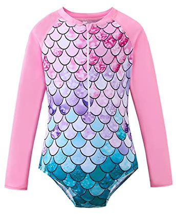 BOVOSHA Girls Mermaid Swimsuit Kids One Piece Swimwear Toddler Girl Long Sleeve Swimming Costume Rash Guard Surfing