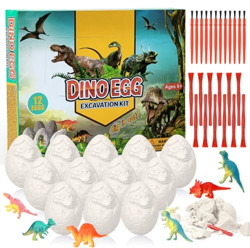 TAIHOBO 12 stycken Dino äggleksaker, dino-utgrävningsset för barn, dino-ägg att gräva ut, pedagogiska leksaker för barn, dinosaurieleksaker av gips plast för från 3 år, pojkar flickor