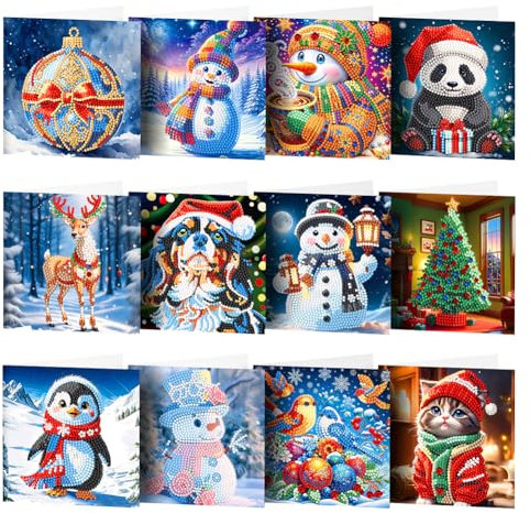 RuiDay 12 Stück Diamond Painting Weihnachtskarten, 2024 Neuer 5D Diamond Painting Karten, Postkarten Weihnachten Handgefertigte Grußkarten Weihnachtskarte (B)