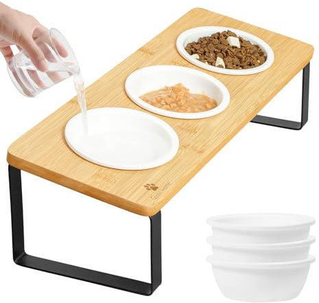 GUUSII HOME Upphöjd kattskål set för matvatten med förhöjt lutat stativ ergonomisk kattmatning valpskål med 6 keramiska skålar husdjursmatare metallben anti-kräkning lätt att montera (gul)