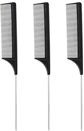 Eupneicu Tail Comb, 3-Piece Carbon Fiber Rat Tail Comb, Stainless Steel Pin Tail, Anti-static, Suitable for Women Men Different Hair Types