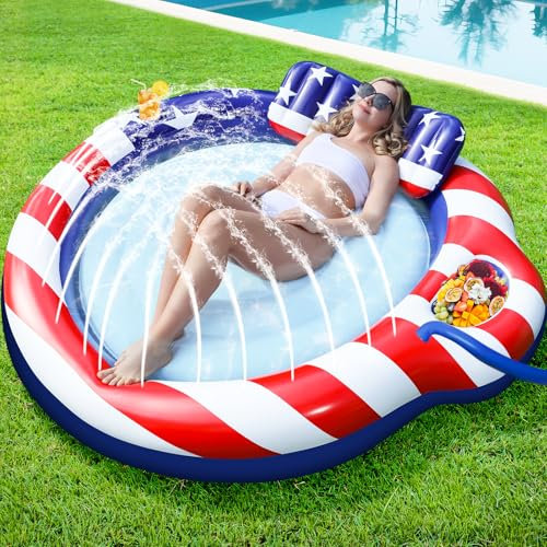 Inflatable American Flag Pool Floats Adults, 72'' x 65'' Tanning Pool Lounger Float with Sprinkler Pillow & Drink Holder, Tanning Bed Pool Floatie for Adult Beach Patriotic 4th of July Pool Party