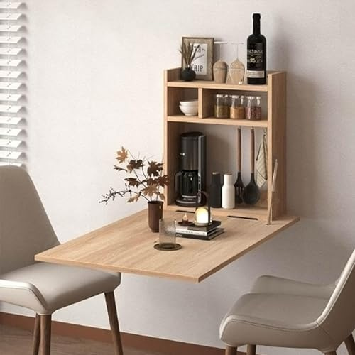 KhUkhu Escritorio de Pared, Mesa abatible de Pared, Mesa Plegable de Pared con estantes, tableros Multicapa de Madera Maciza, estantes de Almacenamiento incorporados