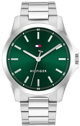 Tommy Hilfiger trehandskvartsurverk klocka för män med silver rostfritt stål armband – 1710672, gRÖN, En storlek