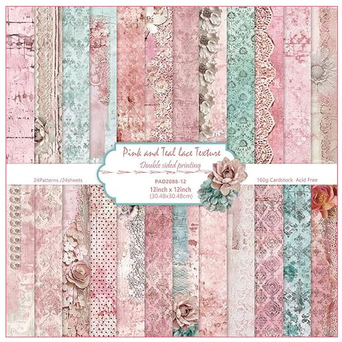 ZAKHSE Bastelpapier Doppelseitig Bedruckt, 24 Blatt Rosa Motivpapier Blumen Spitzenmuster Designpapier, 30,5x30,5cm, 160g/m², Scrapbook Papier für DIY Basteln Karten Gestalten, 12 Designs, 24 Muster